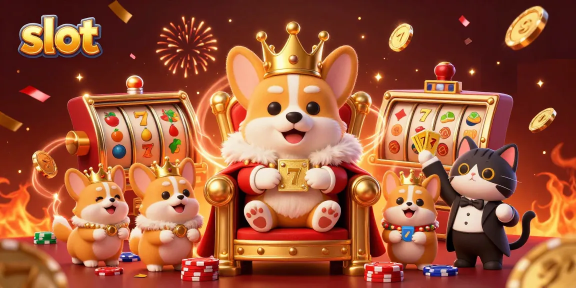 Spin the slot with flair as a royal corgi and butler present exciting rewards in a vibrant casino!
