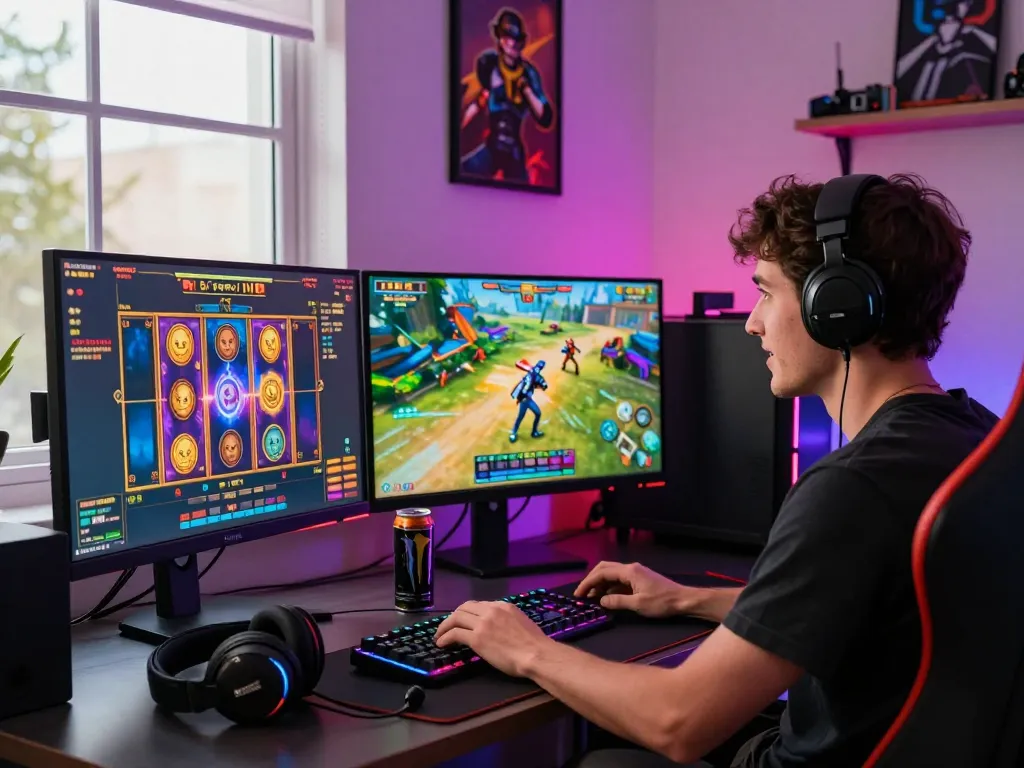 Exciting gaming experience at kerajaanslot showing player engaged with colorful slot games on dual monitors.