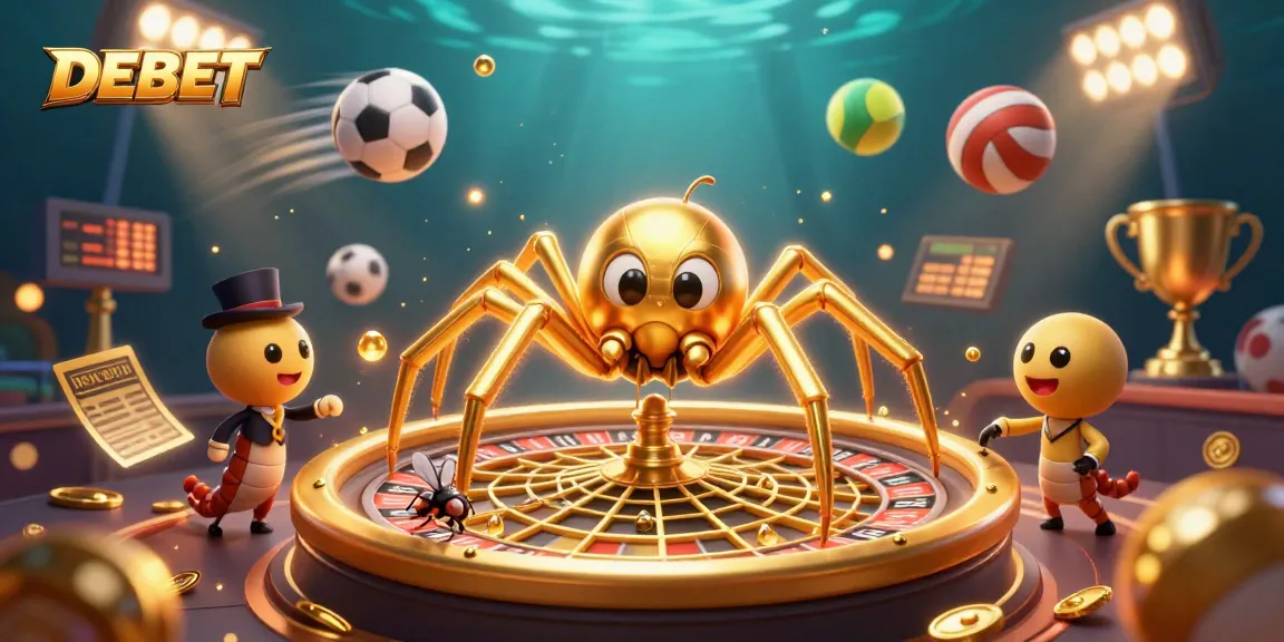 Engage with DEBET's thrilling betting experience illustrated through vibrant 3D art featuring sports elements.