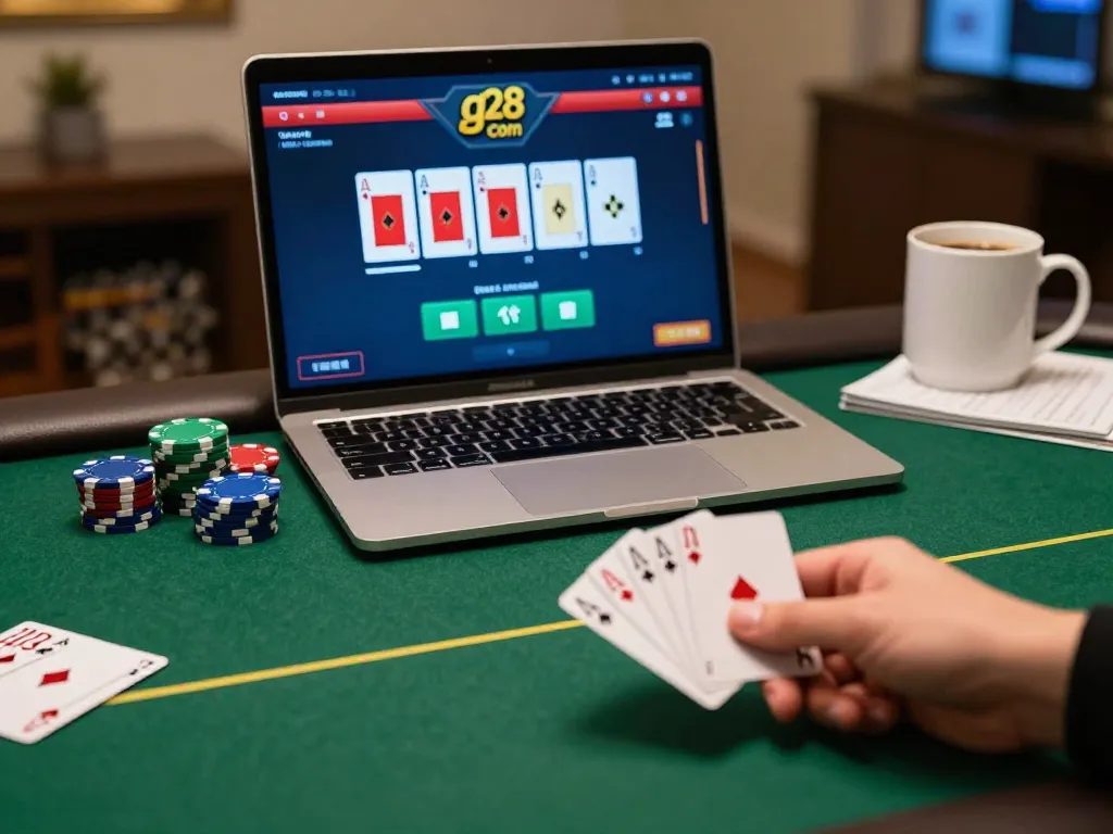 Engaging in online poker on g28 com with player’s hand holding cards and chips stacked.