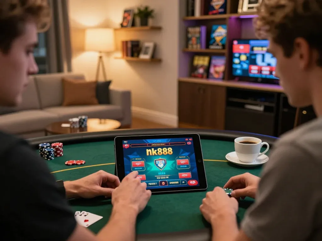 Player experiencing nk88 online casino gaming on a tablet in an inviting home setting.