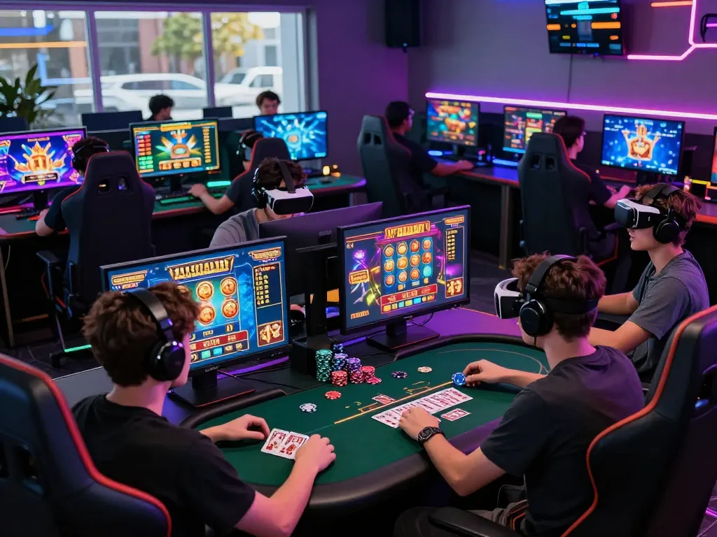 Energetic online gaming scene showcasing zeus138 slot players celebrating wins in a modern hub.
