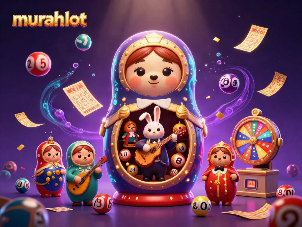 Menangkan jackpot dengan murahslot dalam ilustrasi kasino seru dengan beruang dan bola lotere.