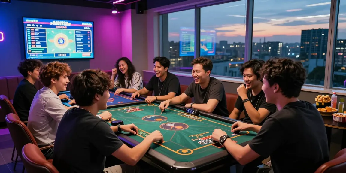 Friends enjoying a lively Toto Togel gaming session in an inviting lounge atmosphere with LED lights.