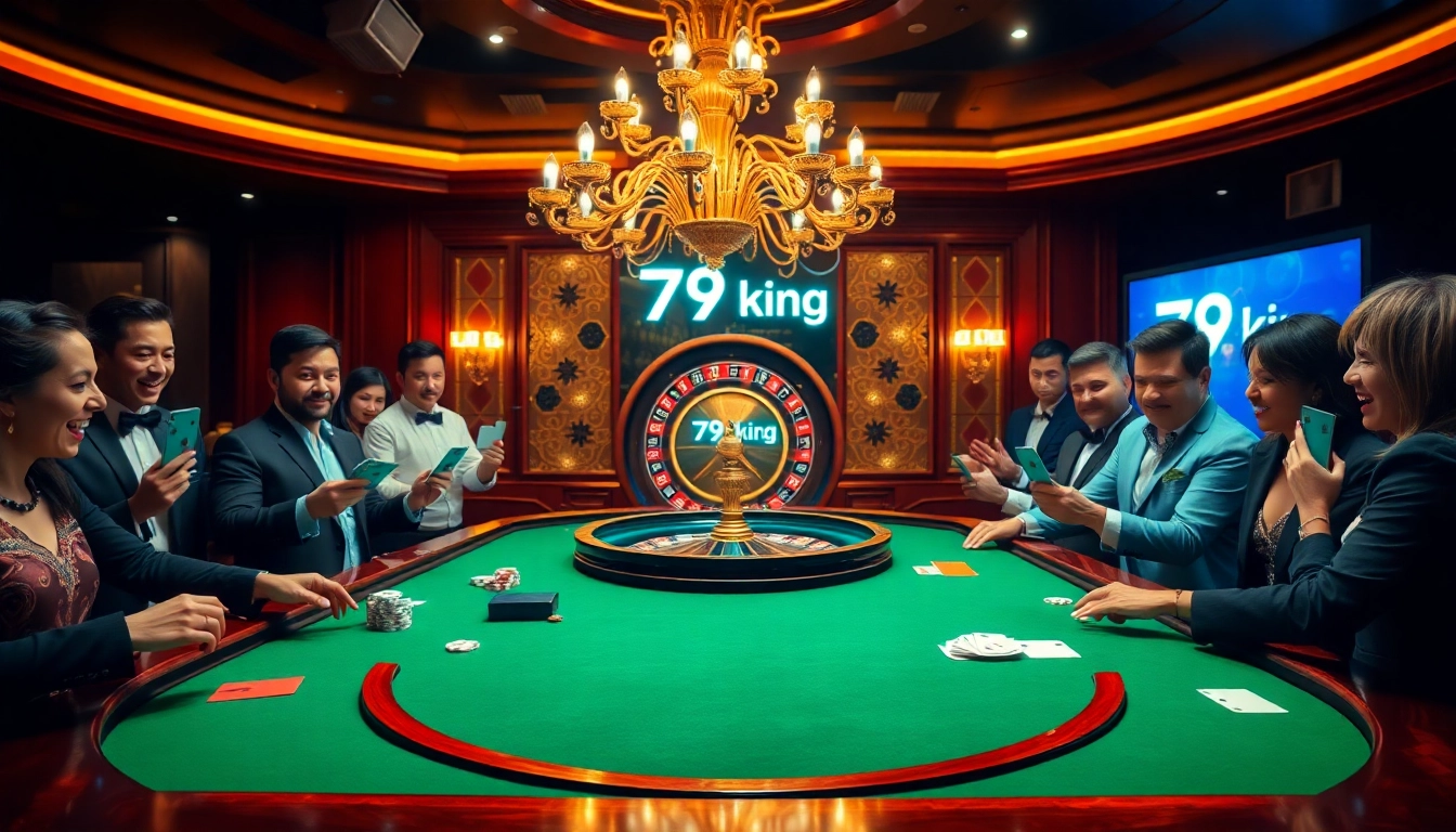 Players engaging at a luxury poker table in 79king casino with a roulette wheel in the background.