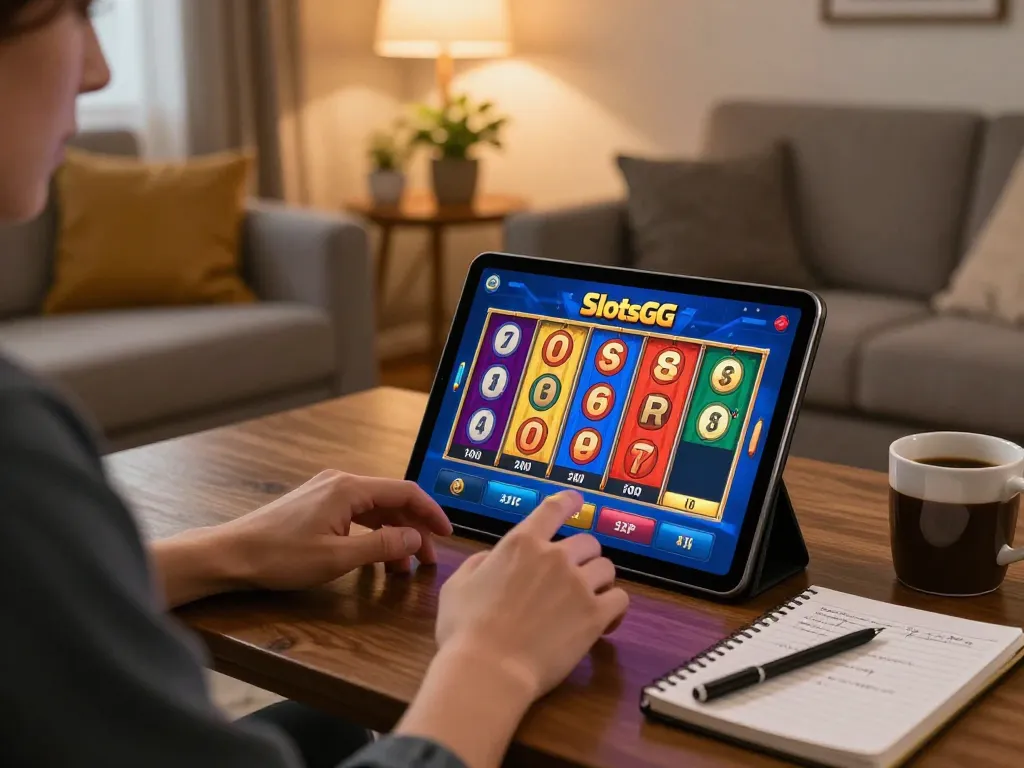 Engaging scene of a player using the SlotsGG app on a tablet, highlighting their online gaming experience at home
