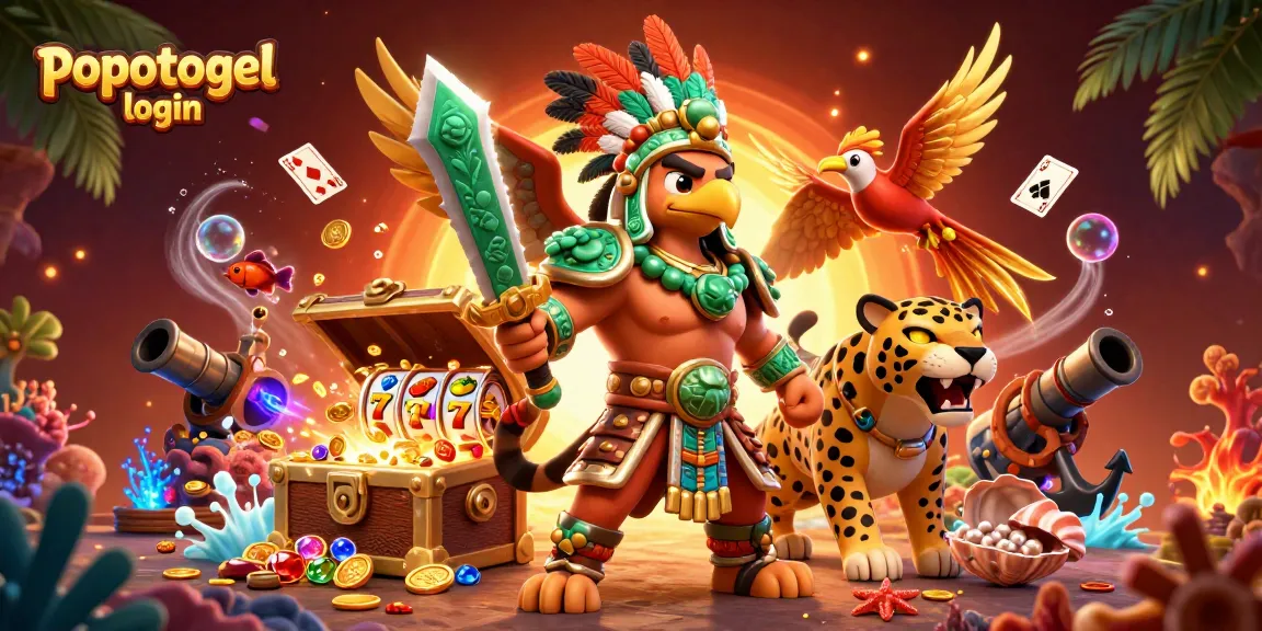 Spin to win with popotogel login in a vibrant 3D casino scene filled with slot reels and treasures.