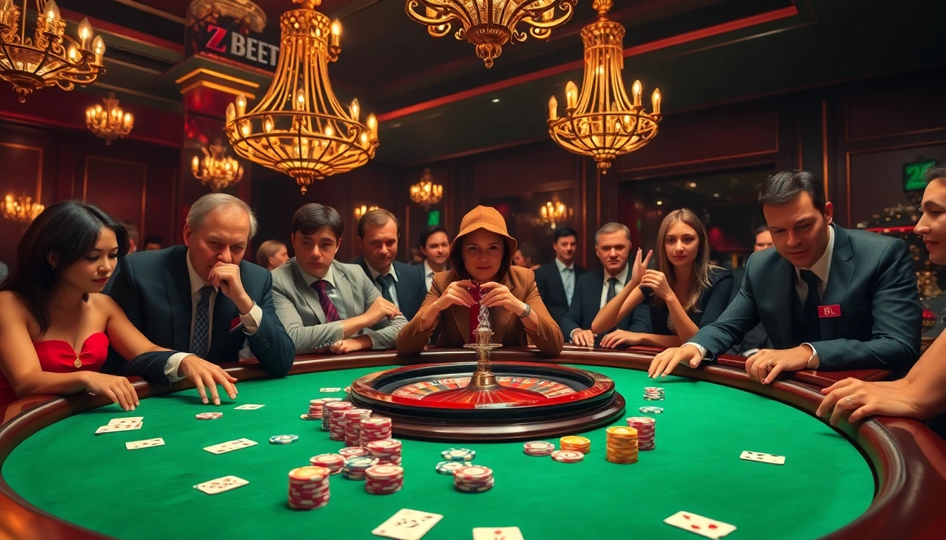 Z BET players thrilled at an upscale casino table, surrounded by roulette wheels and poker chips.