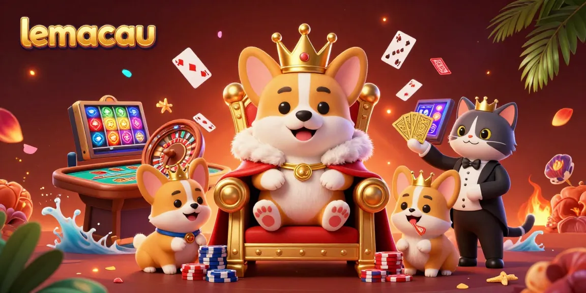 Lemacau royal corgi on a poker chip throne, surrounded by playing cards and live casino elements.