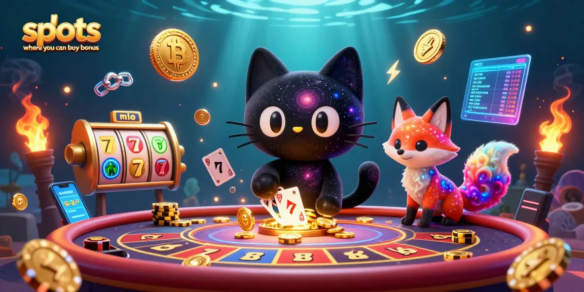 Engage with slots where you can buy bonus in a vibrant 3D casino scene featuring a cosmic black hole cat.