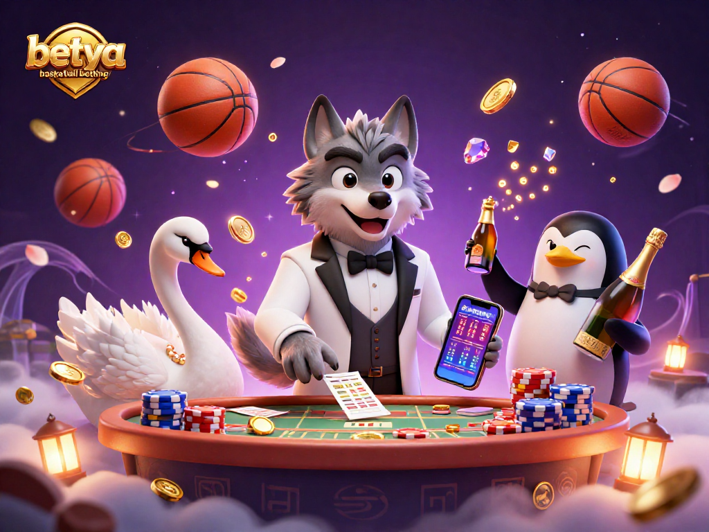 Betya basketball betting scene with a debonair wolf and charming swan in a vibrant casino atmosphere.
