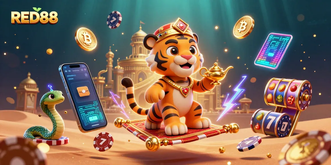 Experience thrilling action at RED88 casino with 3D cartoon sultan, vibrant casino symbols, and gleaming treasures.