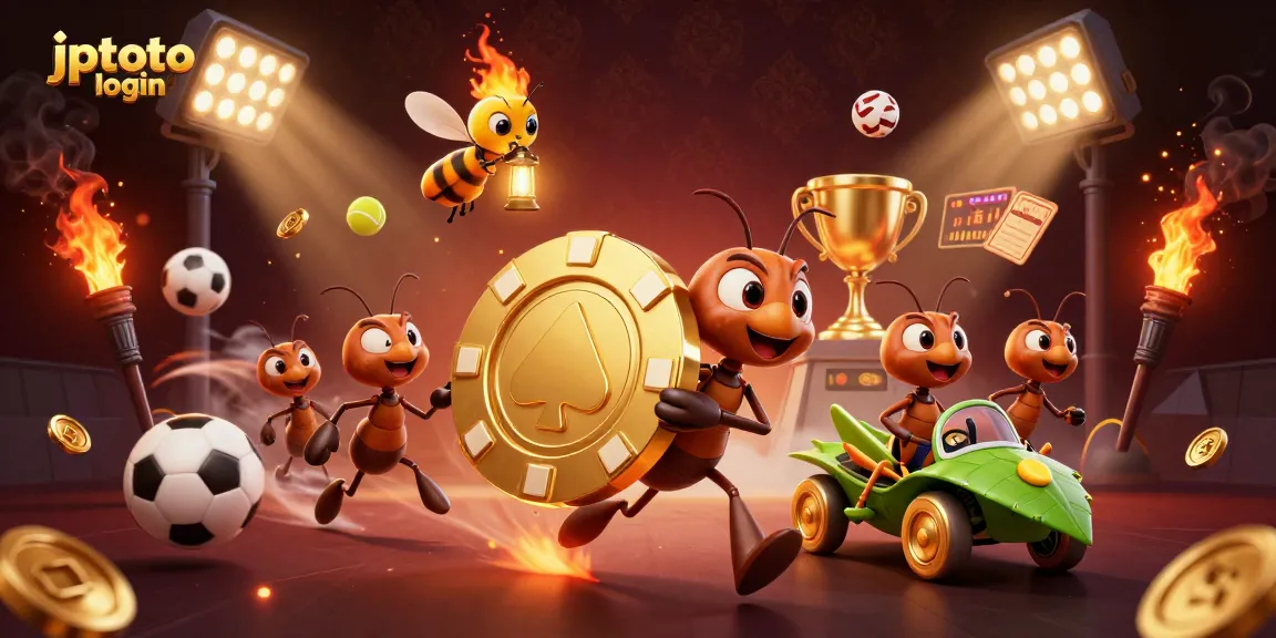 Experience the excitement of jptoto login with ants heisting golden poker chips in this vibrant casino scene.
