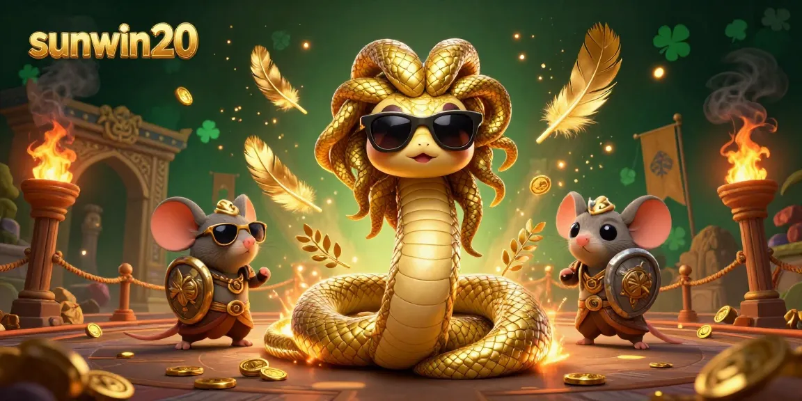 Join the action with sunwin20 in a vibrant 3D illustration featuring Medusa and a warrior mouse amidst gold coins and gaming elements.