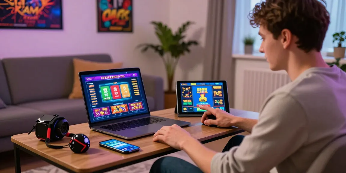 Engaging scene of a player exploring credit card casinos on multiple devices in a vibrant living room.