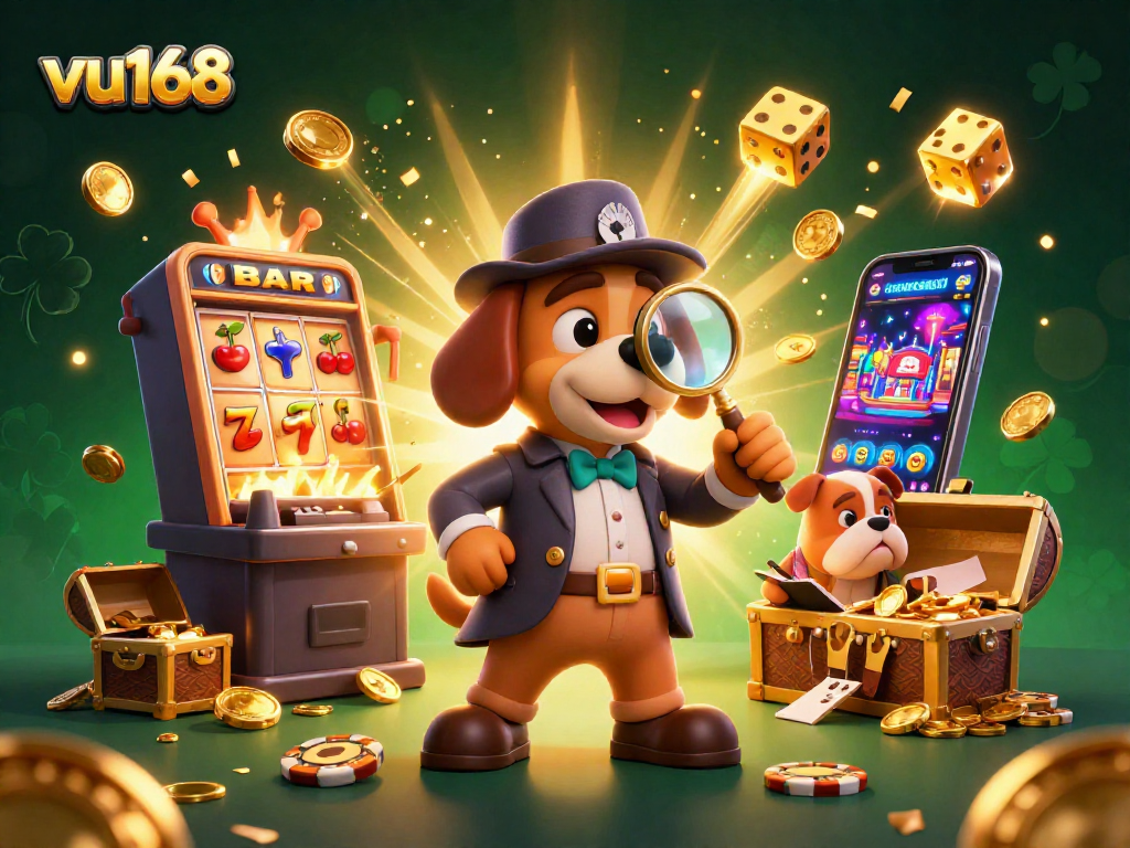 Join the action at vu168: a bloodhound detective discovers golden poker chips amidst a dynamic casino scene.