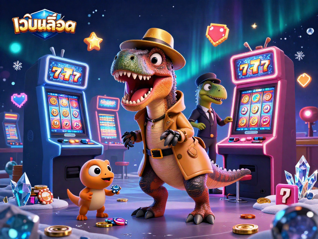 Win big with เว็บสล็อต in this vibrant casino scene featuring a sneaky velociraptor and thrilling slot machines.