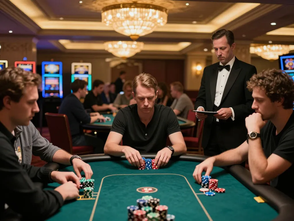 UGDEWA poker players in high-stakes game, showcasing chips and strategic moments in luxurious casino