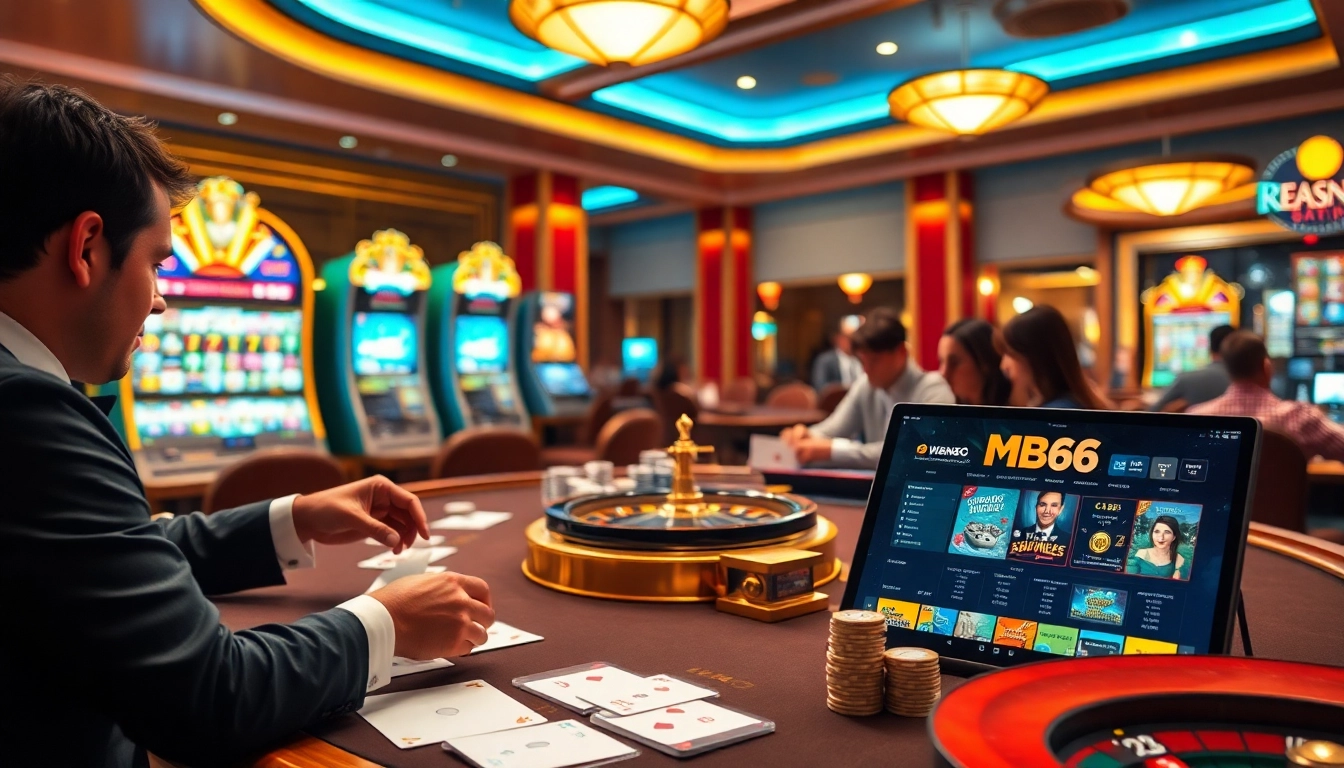 Experience the thrill of gaming at MB66, showcasing exciting casino tables and vibrant slot machines.