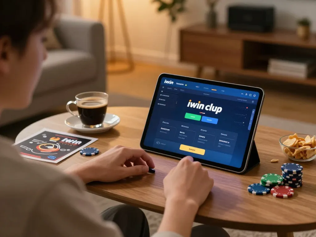 Engaging gameplay on iwin clup app in a cozy home setting with snacks and warm lighting