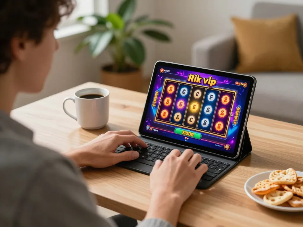 Engaging gameplay on Rik vip slot machine displayed on a tablet in a cozy home setting.