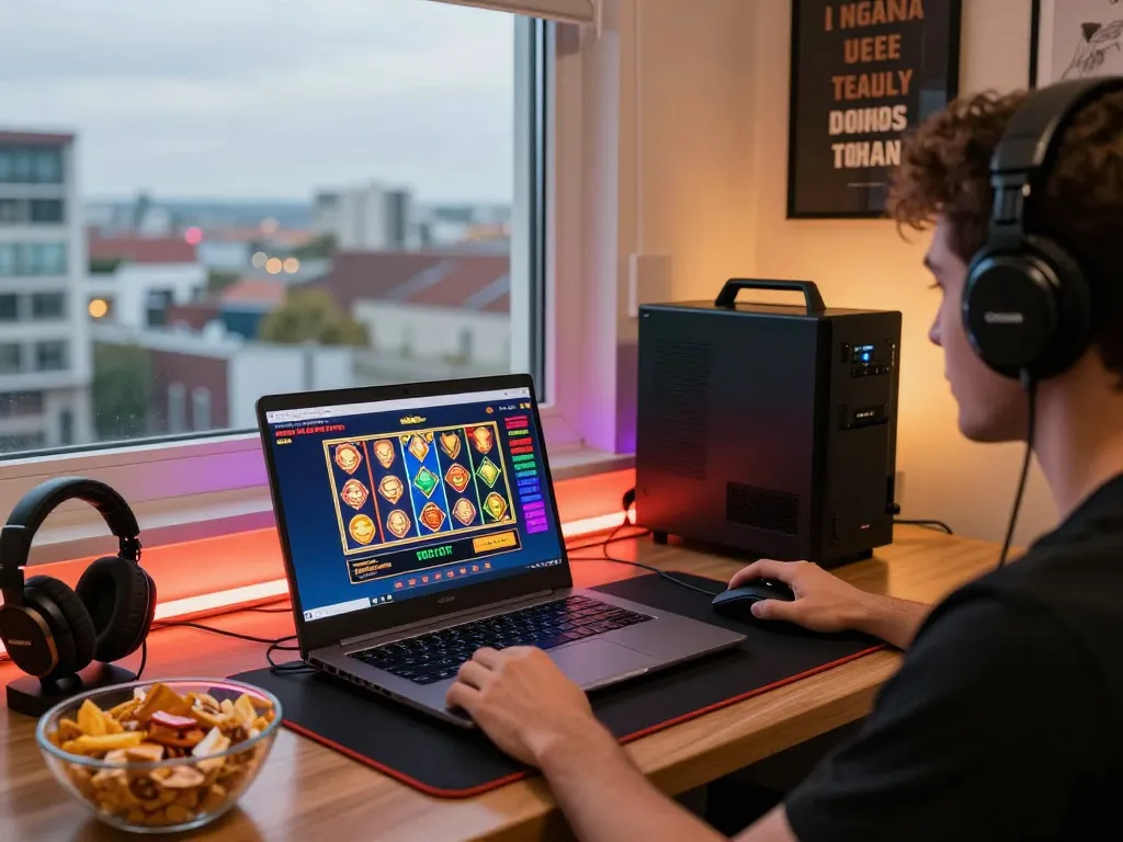 Dynamic scene of a player maximizing free credit mega888 in a cozy gaming setup with snacks and colorful games.