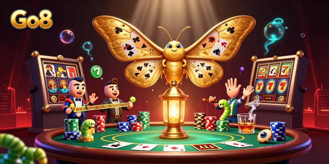 Engage with Go8's vibrant casino experience featuring a golden moth, poker table, and dazzling slot elements.