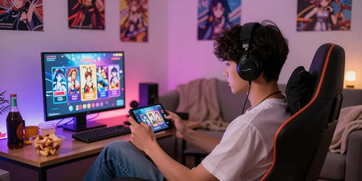 Engaged player enjoying mobile hentai games on a smartphone surrounded by a cozy gaming setup.