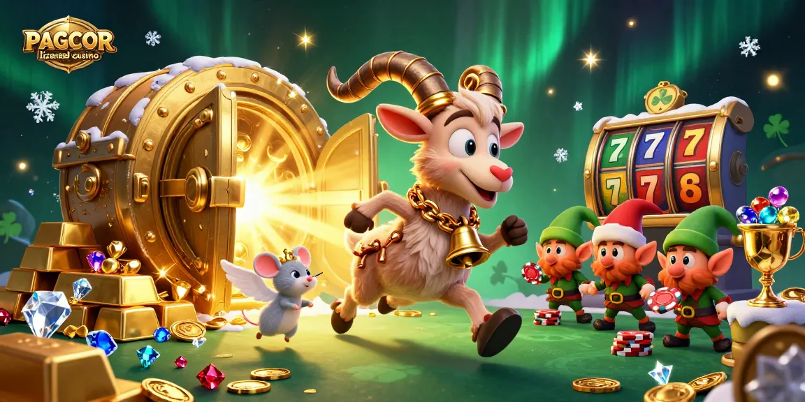 PAGCOR licensed casino features a festive Krampus goat and angel mouse in a chaotic gaming scene.