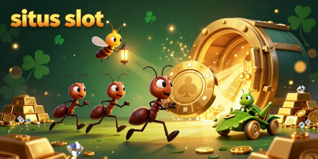 Semut yang membawa chip poker emas raksasa di sebuah pemandangan situs slot yang cerah.