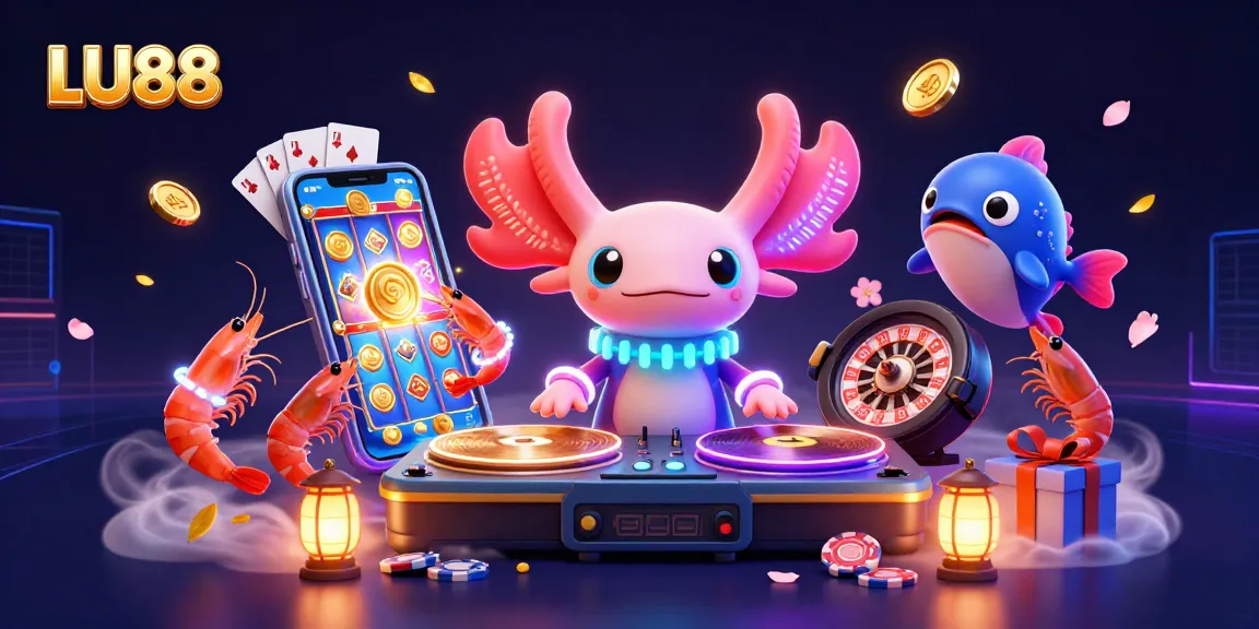 LU88 features a vibrant 3D illustration with an axolotl DJ and casino elements celebrating betting excitement.