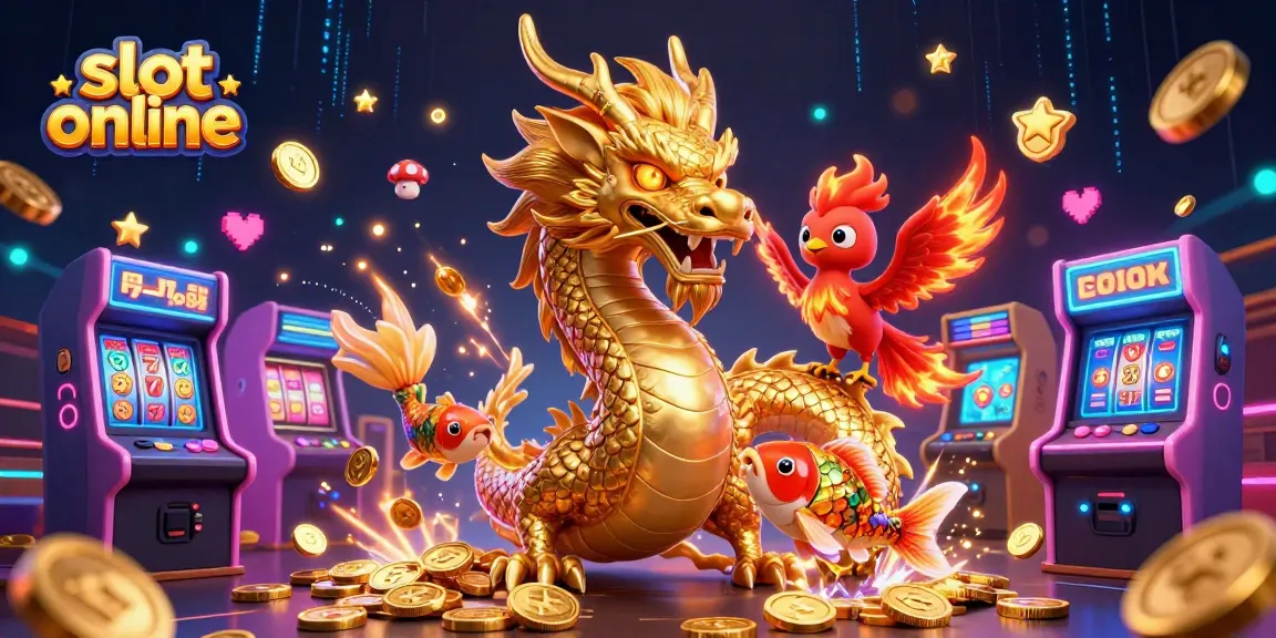 Mainkan slot online dengan karakter naga emas dan ikan koi, dikelilingi mesin permainan yang menakjubkan.