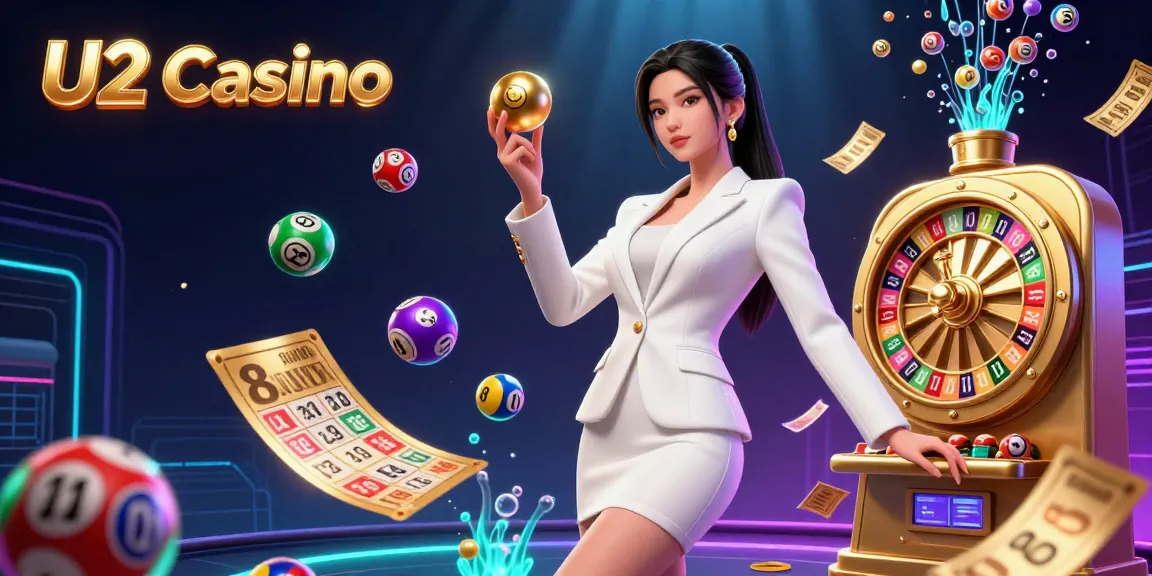 Experience the vibrant entertainment of U2 Casino with colorful lottery elements and a confident dealer.