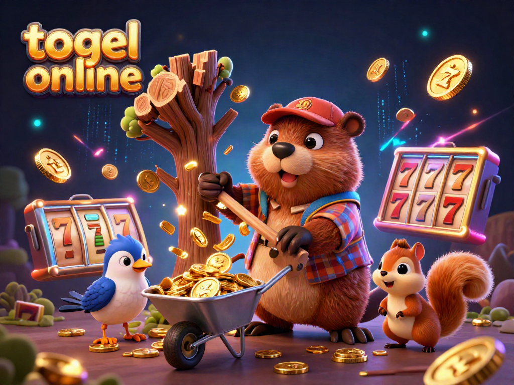 Experience thrilling togel online action with a dynamic scene of a cartoon beaver, coins, and vibrant gaming elements.
