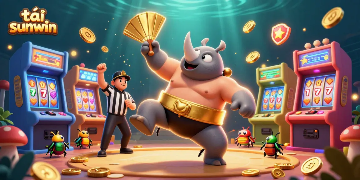 Experience tải sunwin action with a heroic beetle summoning golden coins in an arcade-inspired casino scene.