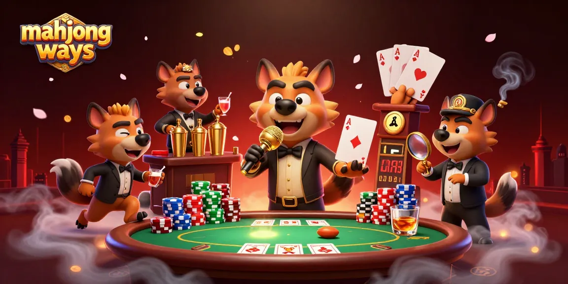 Engage with mahjong ways in a vibrant 3D casino scene featuring lively hyenas.