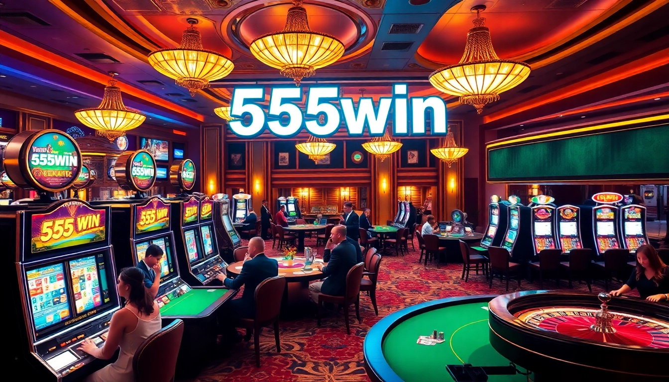 Experience the thrill of winning at 555win casino with vibrant slot machines and poker tables.