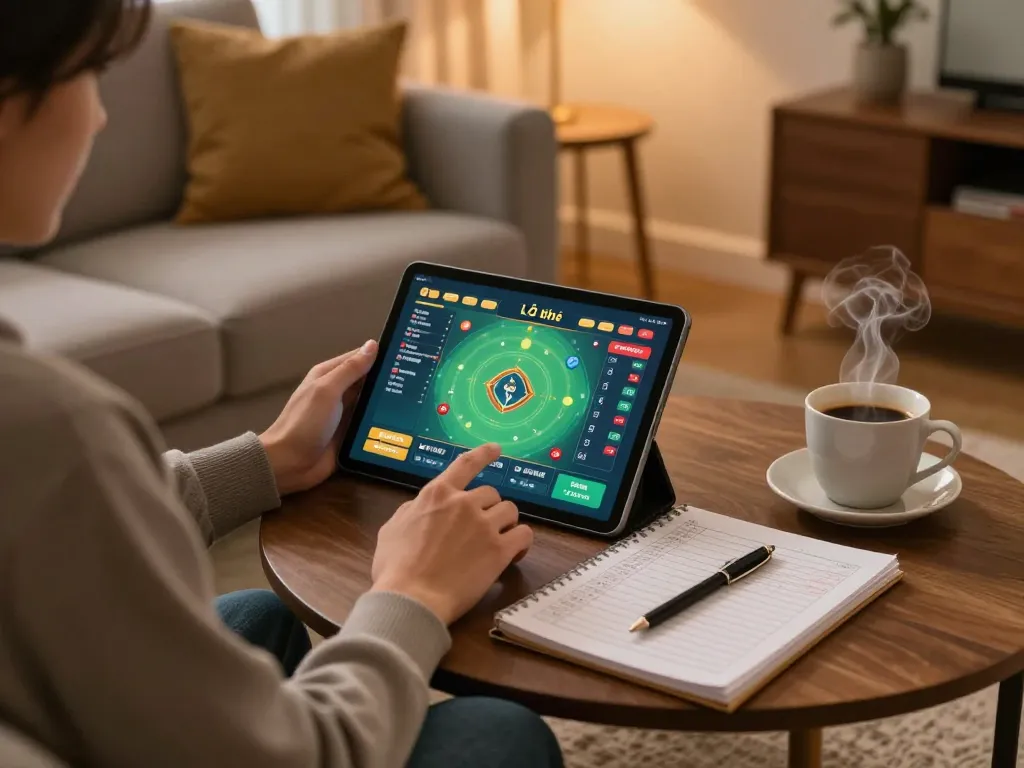 Lô đề online player enjoys a strategic session at home with tablet and notebook.