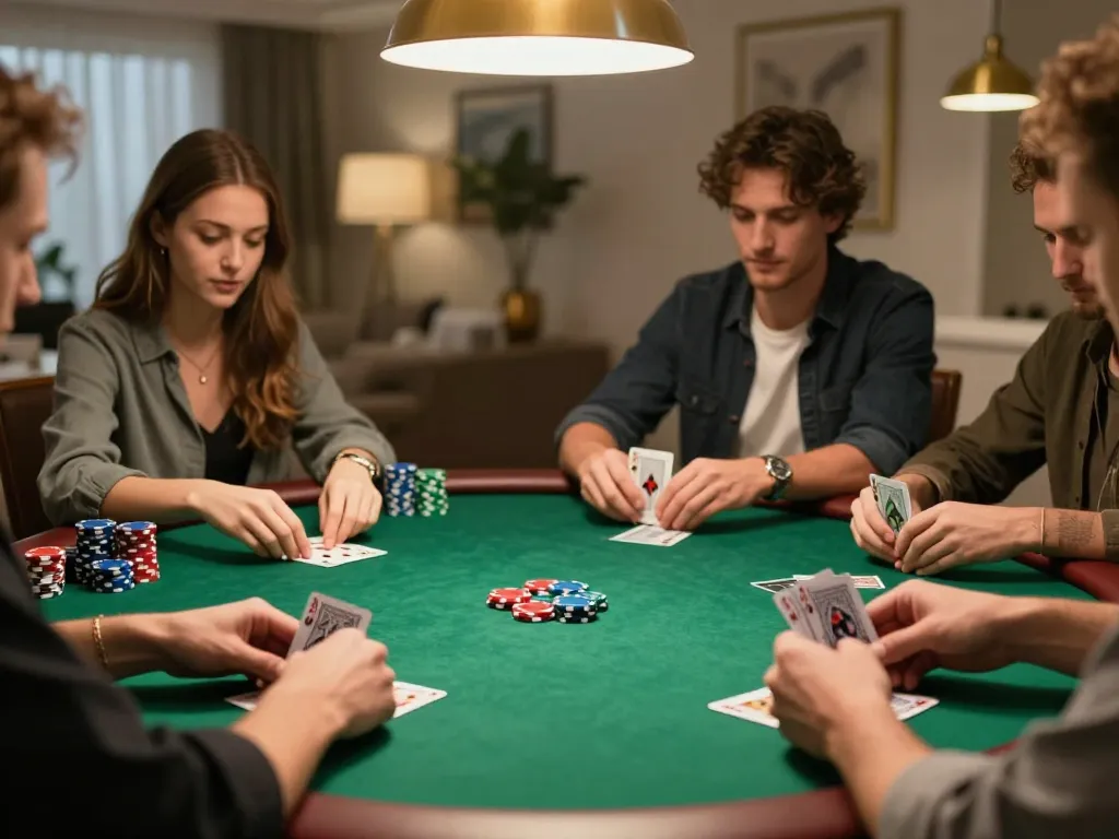 Players enjoying an intense poker game at home with 789win2 app on the table.