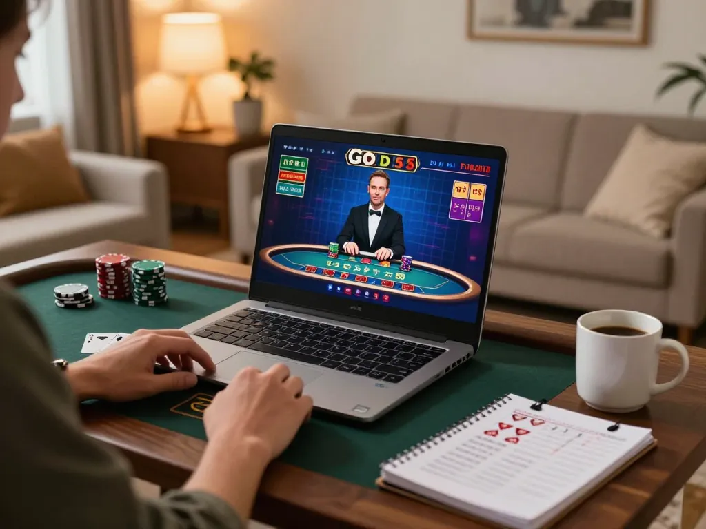 Engaged player enjoying a live dealer game at god55 casino with strategic notes nearby