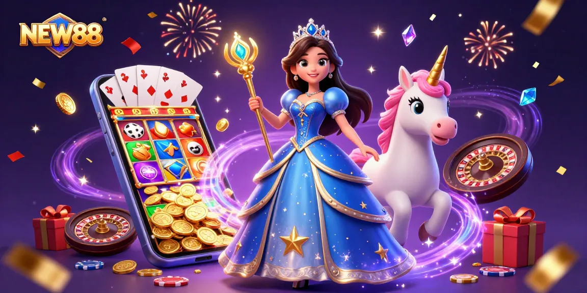Spin the reels and celebrate winnings with NEW88's vibrant illustration of casino fun.