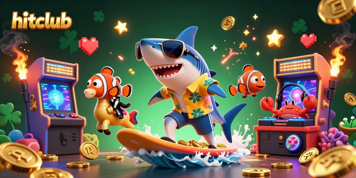 Engage with hitclub's thrilling casino experience featuring a shark, clownfish, and DJ in a vibrant, dynamic gaming scene.