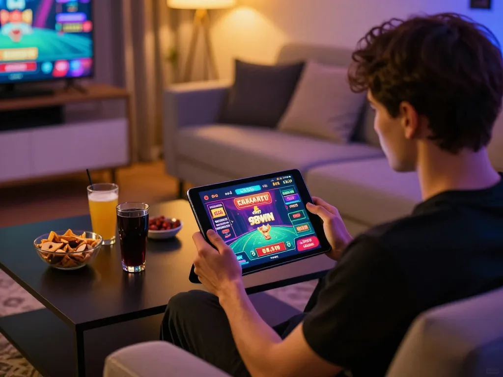 Engaged player enjoying online casino at home with 98win app on tablet