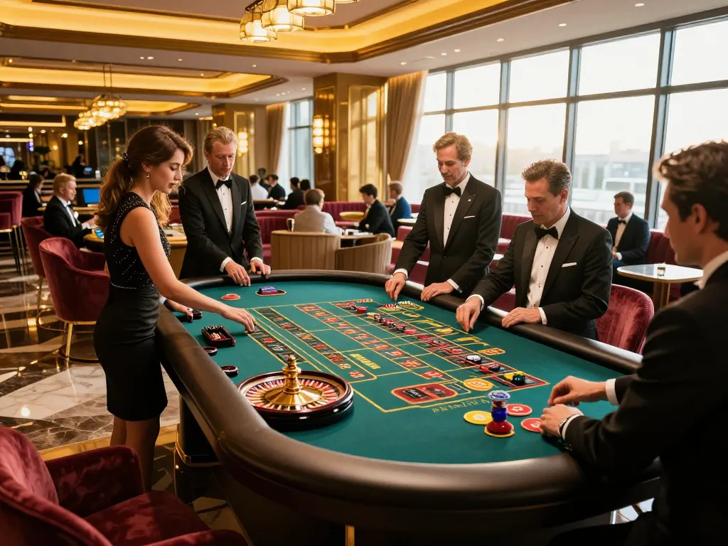 gbong players placing bets at a roulette table in an upscale casino lounge with vibrant lighting