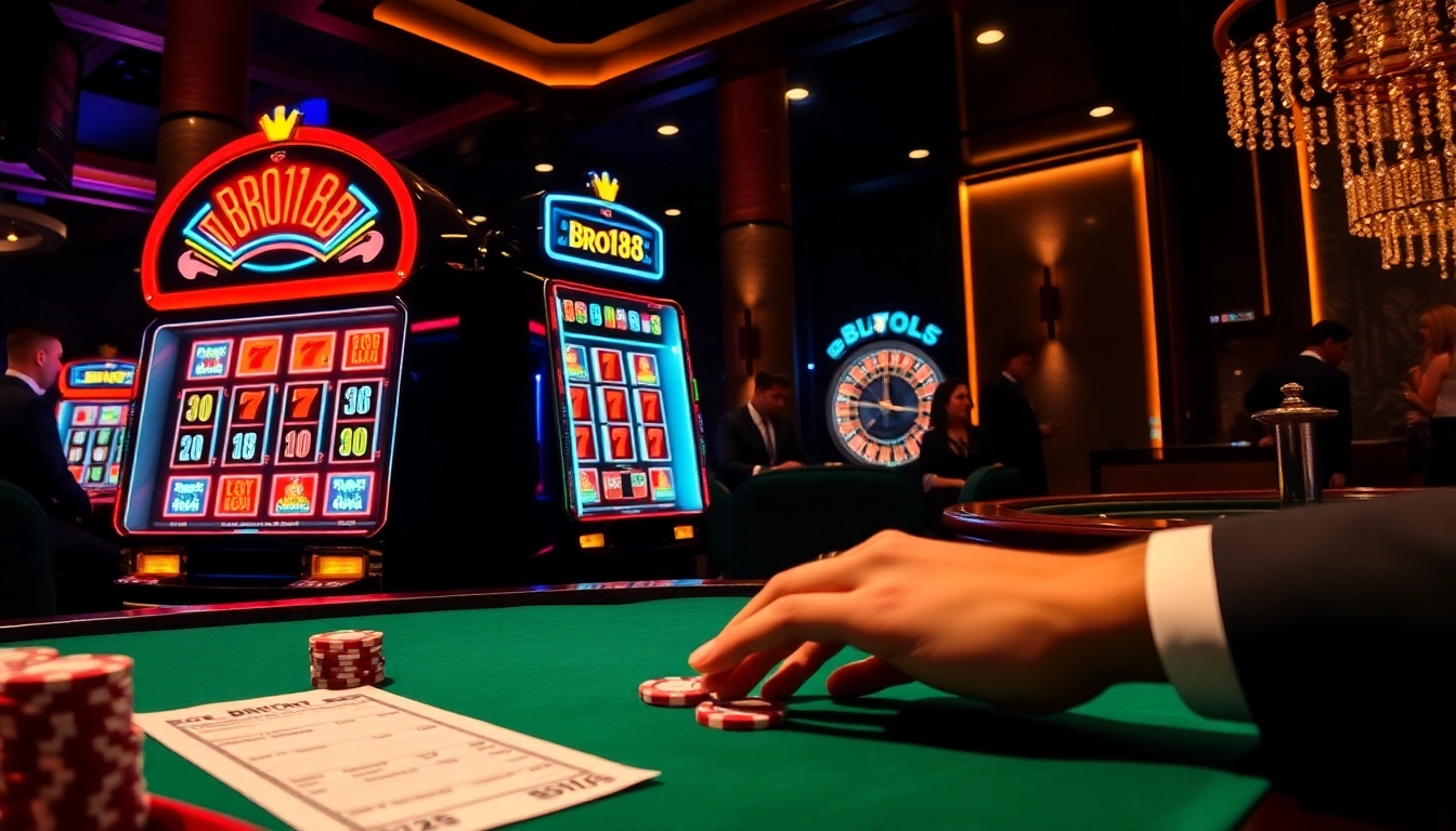 Experience the thrill of Bro138 with an exciting slot machine amid a vibrant casino atmosphere.