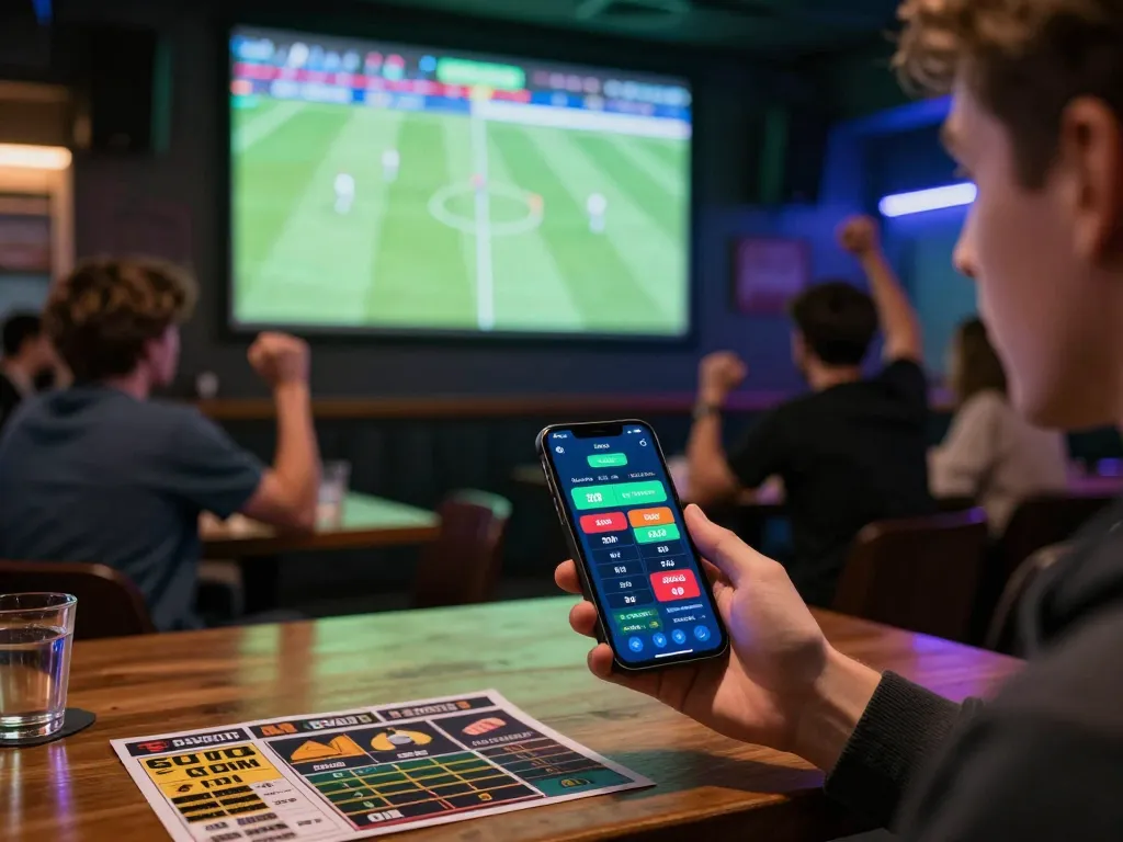 Engaged in trang cá cược bóng đá, a bettor uses a smartphone to place bets during an exciting match, capturing the energy and thrill of sports betting.