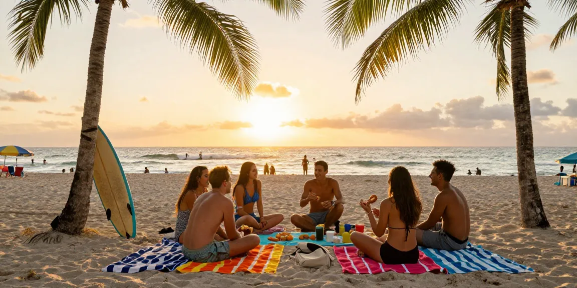 Pengalaman berlibur di https://miami4d.com/ dengan sekelompok teman menikmati piknik di pantai Miami saat senja.