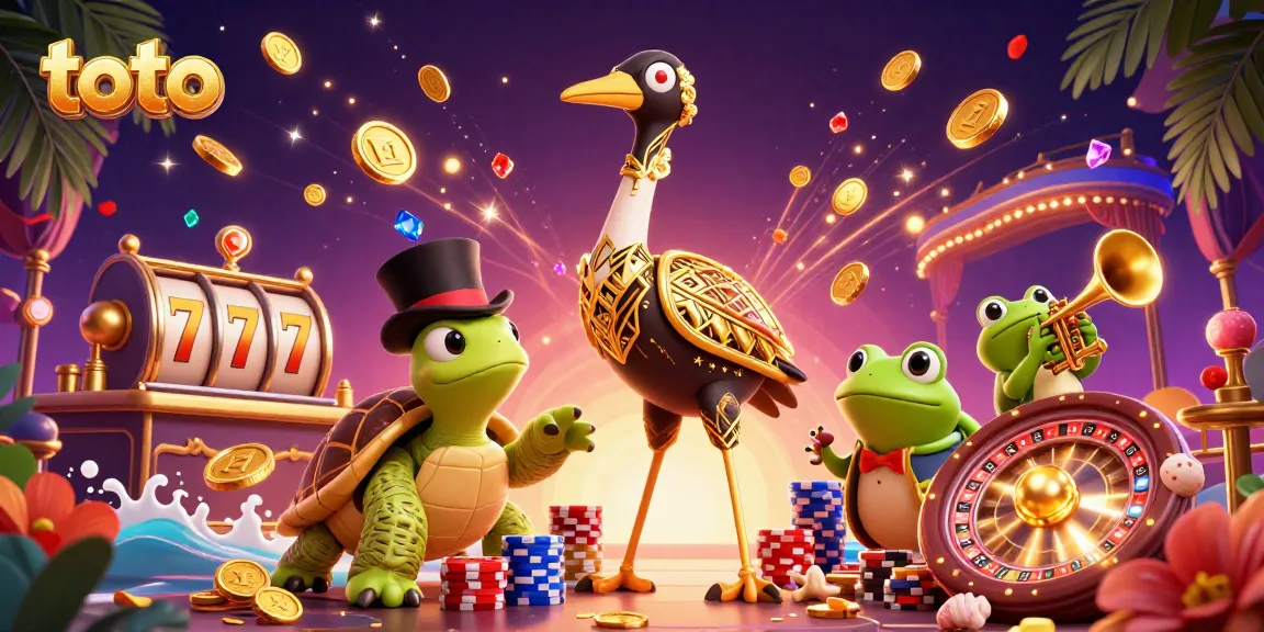 Spin the reels with "toto" inspired characters amid cascading coins and vibrant casino elements.