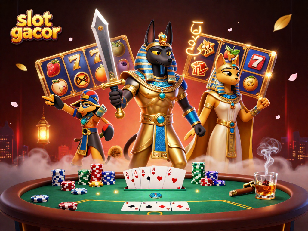 Experience the thrill of slot gacor with this vibrant 3D casino illustration featuring ancient Egyptian characters.