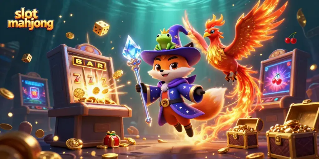Menggandakan slot mahjong dengan wizard kartun dan simbol kasino berkilau yang meriah.